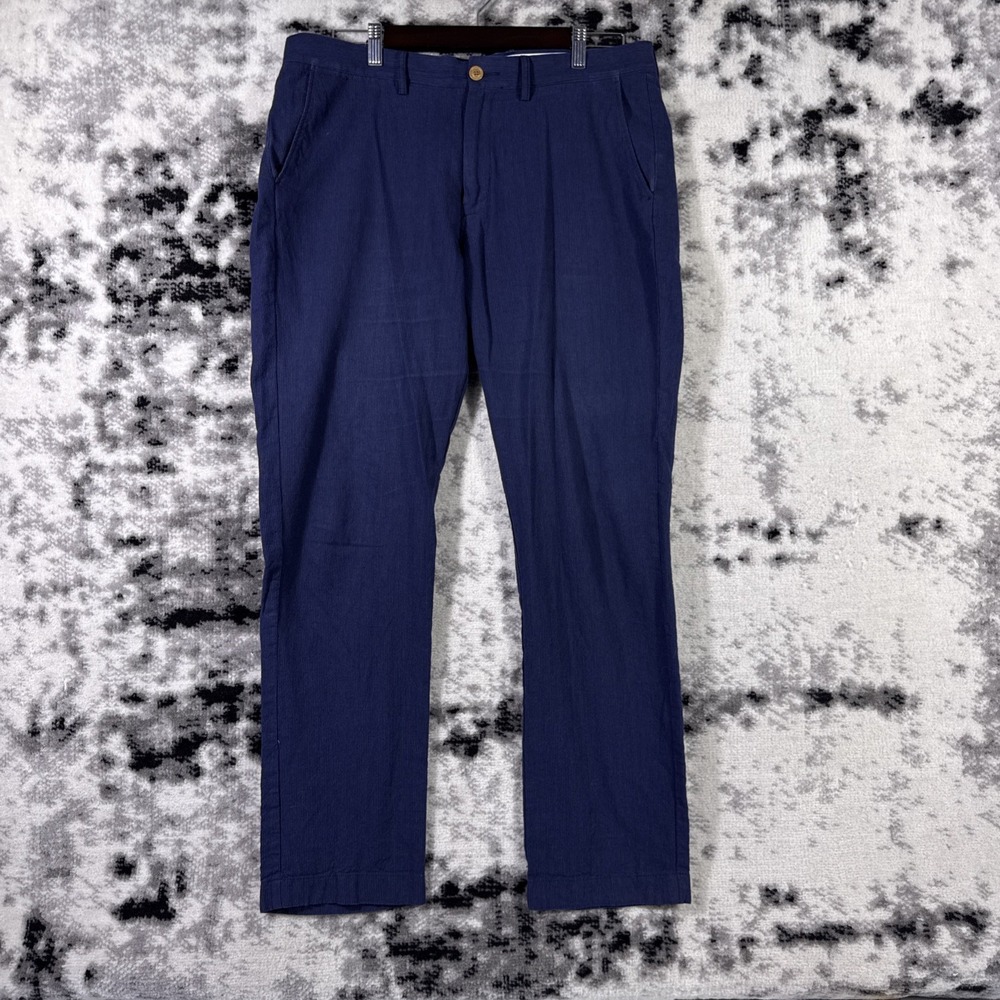 J Crew The Sutton Pants Mens Size 34x32 Navy Blue Pinstripe Linen Cotton